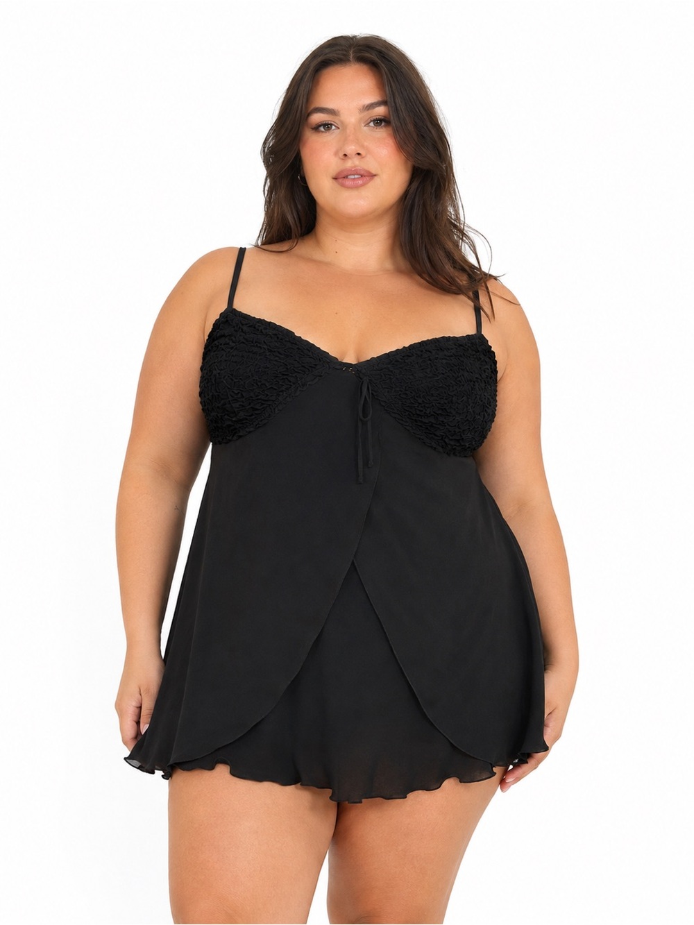 90s/Y2K European Vintage Sheer Wrap Slip Dress Textured Cups (Black) 1X/2X